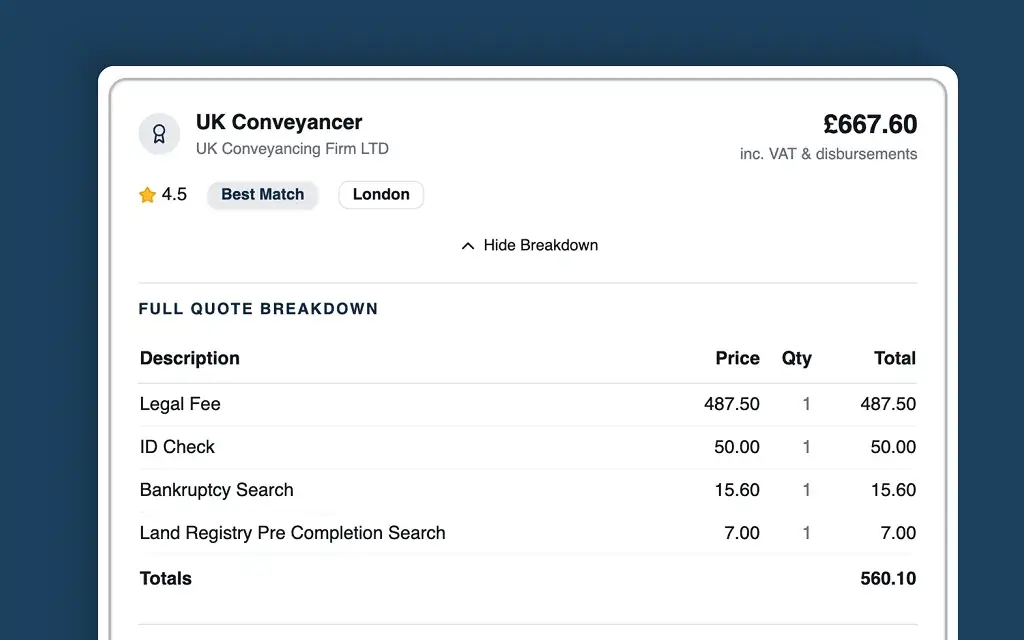 Conveyancing quote showing a full breakdown of fees